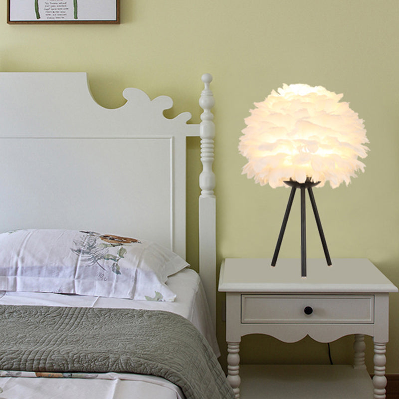 Sleek Feathered Bedside Lamp: Minimalistic Spherical Night Light With Tripod