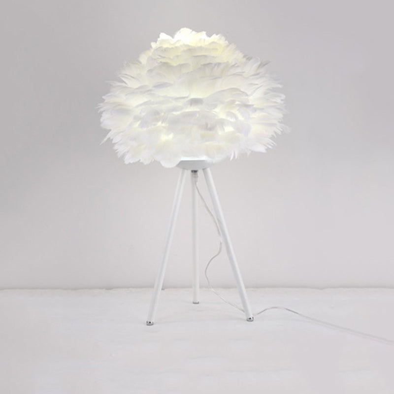 Sleek Feathered Bedside Lamp: Minimalistic Spherical Night Light With Tripod White