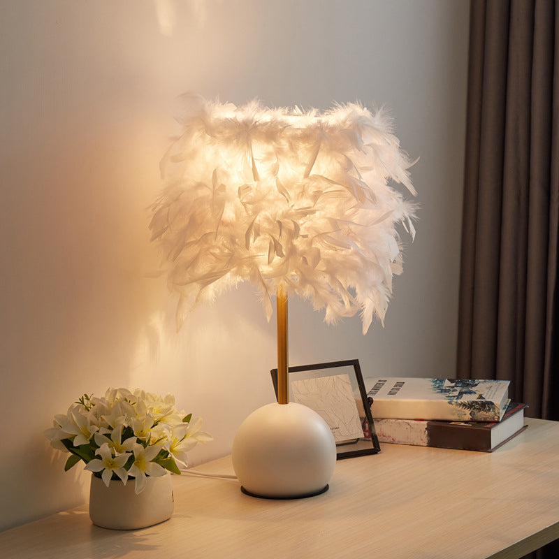 Nordic Feather Cylinder Nightstand Light - Bedroom Table Lamp With Dome Pedestal