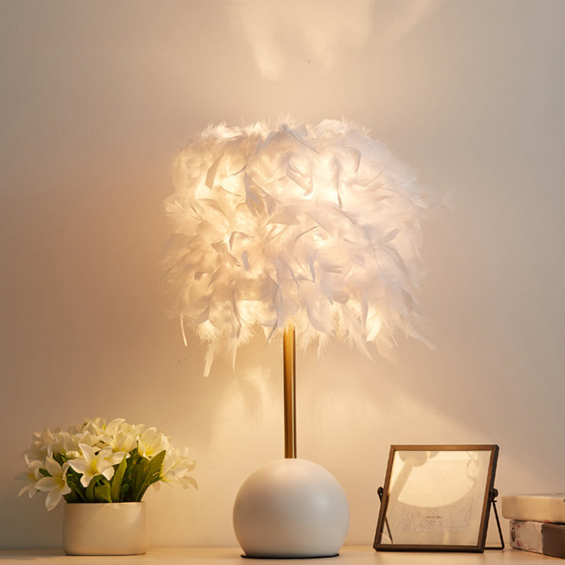 Nordic Feather Cylinder Nightstand Light - Bedroom Table Lamp With Dome Pedestal White
