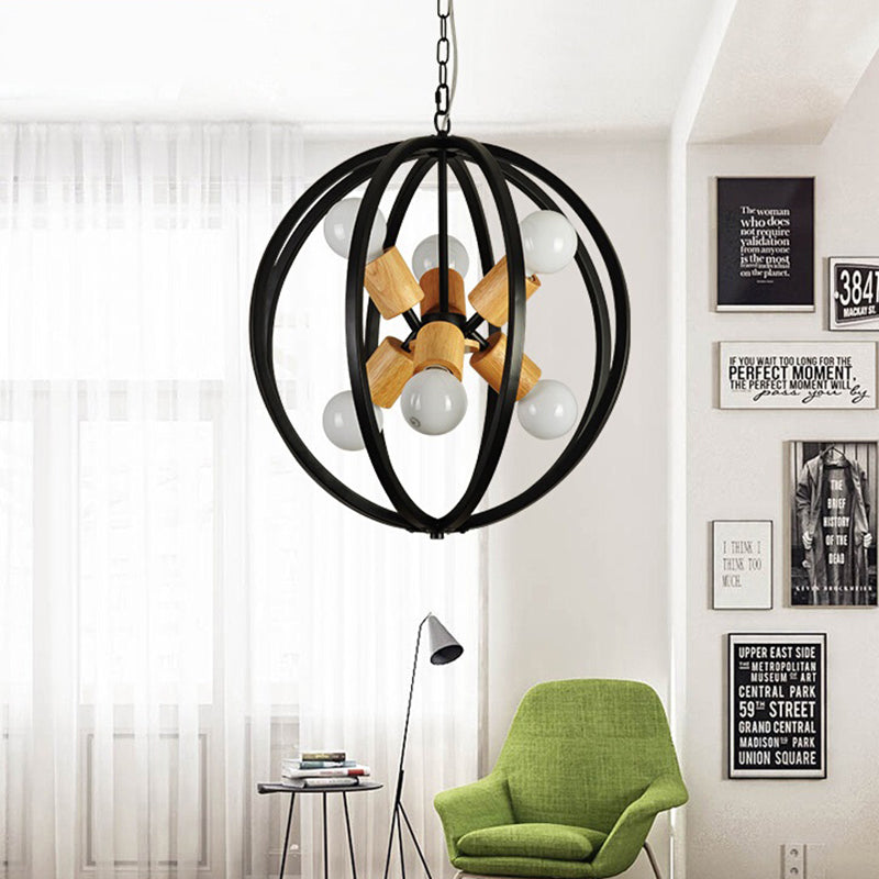 Nordic Wood Globe Chandelier Pendant Light - Led Black/White Ideal For Bedroom Black
