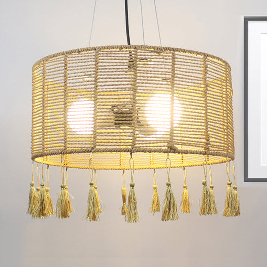 Modernist Style Rattan Pendant Lamp - 12/16 Wide Drum Shade Beige 1/3-Light Tassel Detail / 16