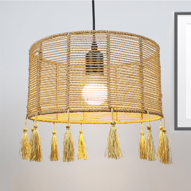 Modernist Style Rattan Pendant Lamp - 12/16 Wide Drum Shade Beige 1/3-Light Tassel Detail / 12