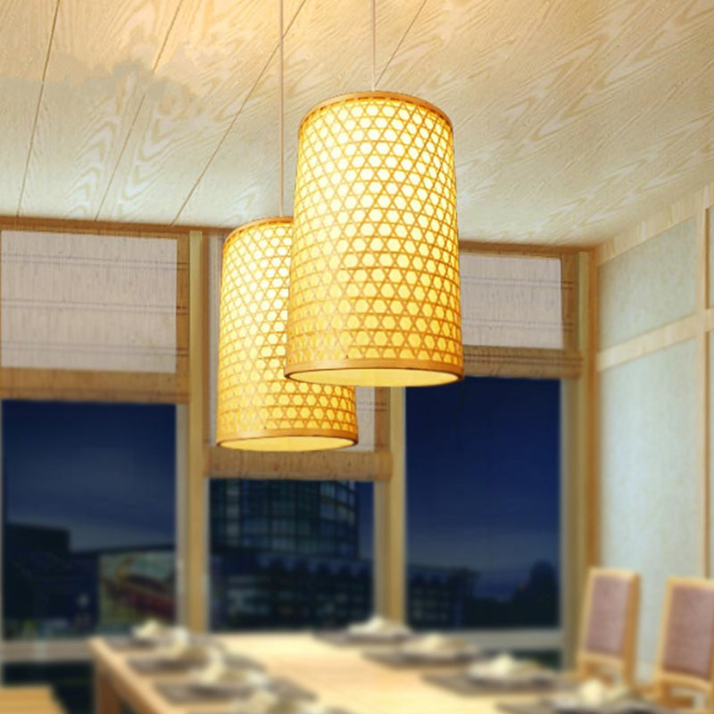 Modern Bamboo Pendant Lamp For Dining Room - Cylindrical Hanging Ceiling Light 1 Head Beige