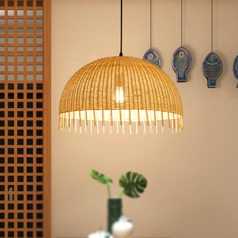Modern Beige Hand-Woven Rattan Pendant Light With Dome Shade - 12/16 W 1 Head Hanging Lamp