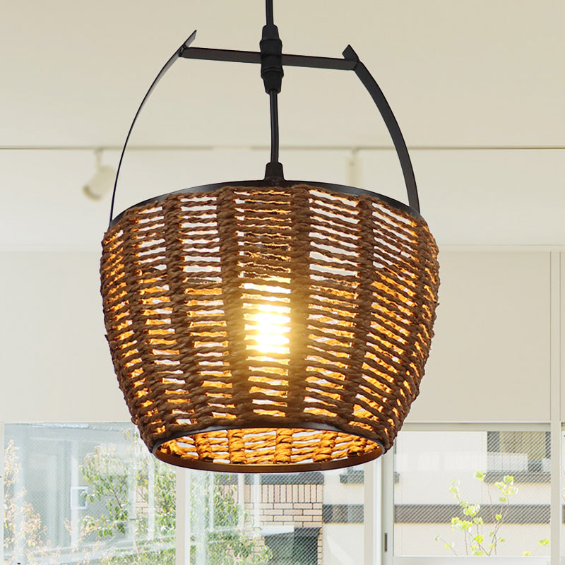 Rustic Hand-Woven Rattan Bucket Pendant Light - One Bulb Hanging Lamp In Brown For Living Room