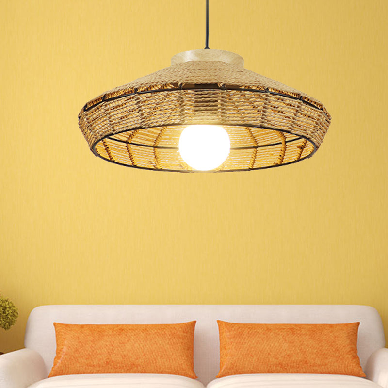 Rustic Beige Pendant Lamp For Living Room And Restaurant - Single Head Hanging Light With Straw Rope
