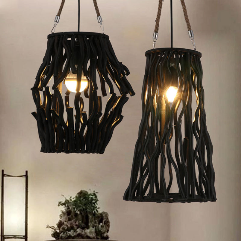 Rustic Pendant Ceiling Light - Barrel/Cone/Globe Design Wood Finish 1 Bulb Black Perfect For Dining