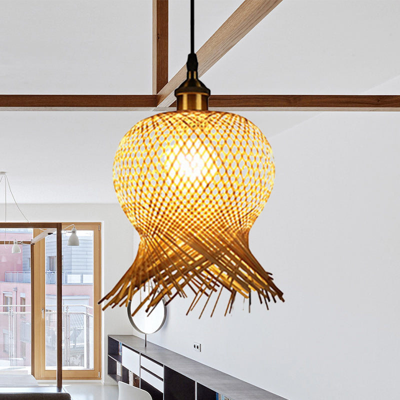 Bamboo Jellyfish Hanging Lamp - Asian 1-Light Pendant For Restaurants Beige