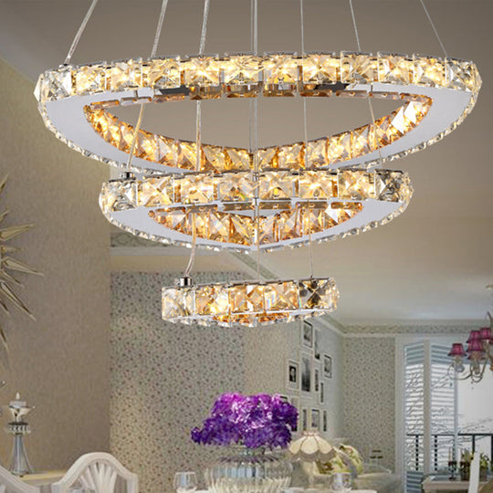 Contemporary Crystal Chrome Led Chandelier - 3-Tier Drop Pendant Perfect For Restaurants