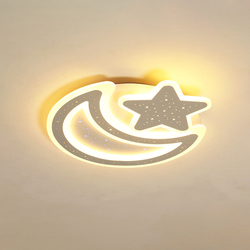 Nordic Led Ceiling Lamp: Moon And Star Acrylic Flush Mount Light For Kids Room Textured White /