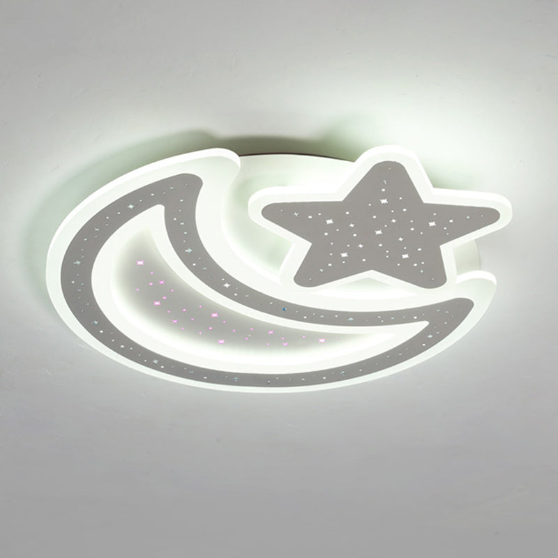 Nordic Led Ceiling Lamp: Moon And Star Acrylic Flush Mount Light For Kids Room Textured White /