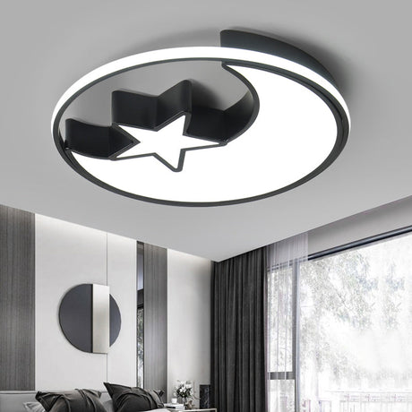 Modern Led Flush Mounted Lamp: Black Crescent And Star Ceiling Light With Acrylic Shade For Kids