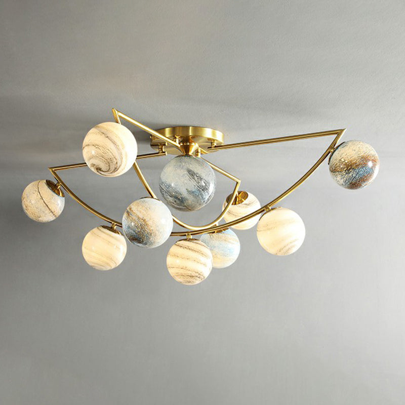 Cosmic Bedroom Glow: Gold Nordic Ombre Glass Semi-Flush Mount Chandelier With A Planet Design 10 /