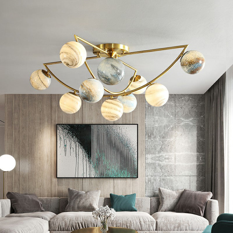Cosmic Bedroom Glow: Gold Nordic Ombre Glass Semi-Flush Mount Chandelier With A Planet Design