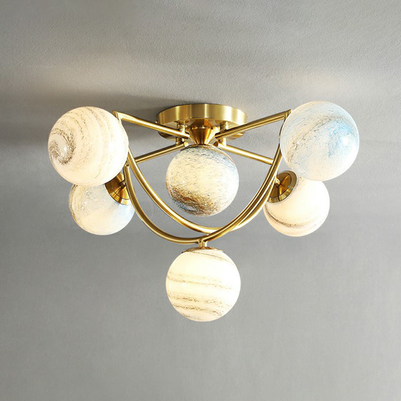 Cosmic Bedroom Glow: Gold Nordic Ombre Glass Semi-Flush Mount Chandelier with a Planet Design