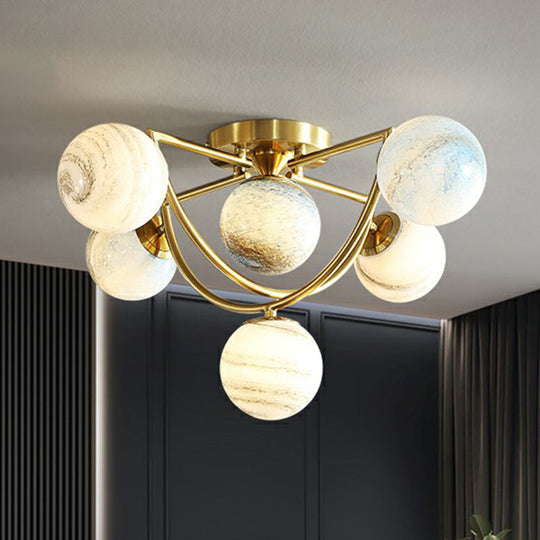 Cosmic Bedroom Glow: Gold Nordic Ombre Glass Semi-Flush Mount Chandelier With A Planet Design