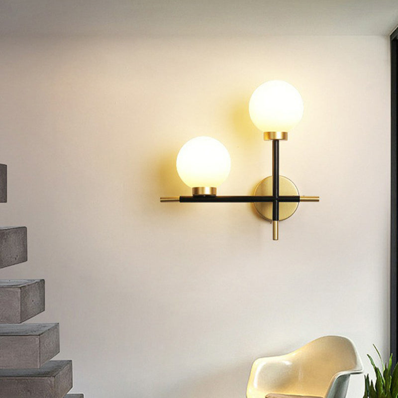 Modern Mini Globe Milk Glass Wall Sconce - 2-Light Black Fixture For Foyer