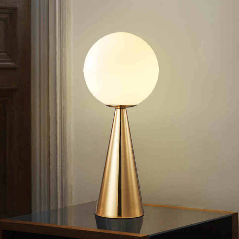 Minimalist Brass Plated Conical Table Lamp With White Glass Shade