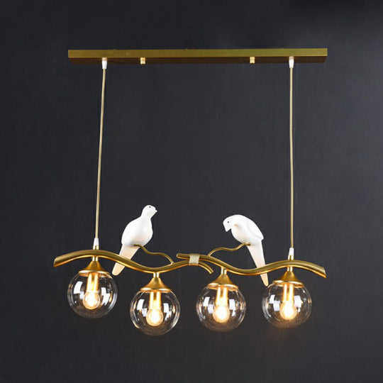 Modern Branch Island Pendant Light With Ball Glass Shade And Bird Deco - Metal 4-Light Fixture For