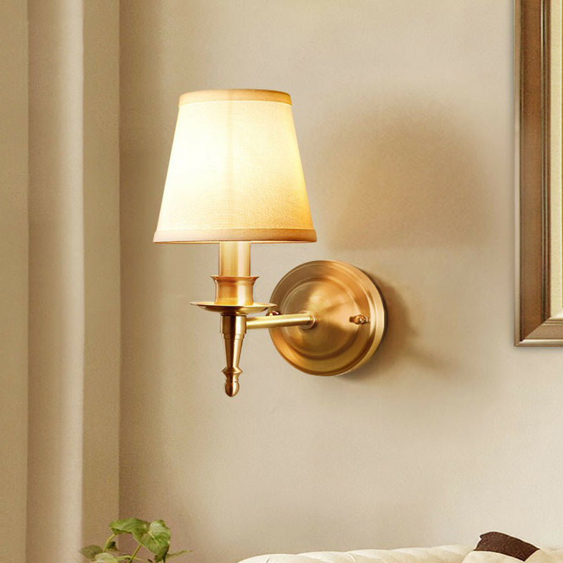 Modern Brass Taper Wall Lamp: Stylish Single-Bulb Fabric Sconce For Corridor 1 /