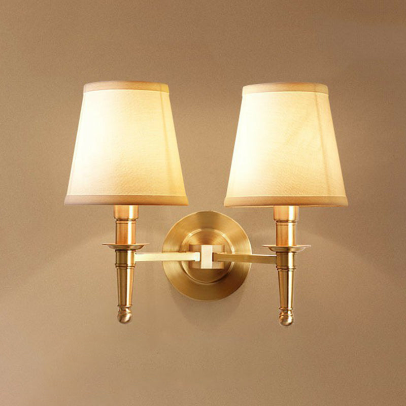 Modern Brass Taper Wall Lamp: Stylish Single-Bulb Fabric Sconce For Corridor