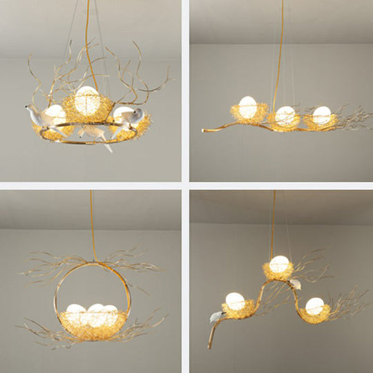 Artistic 3-Light Beige Nest and Egg Island Pendant with Cream Glass Shade