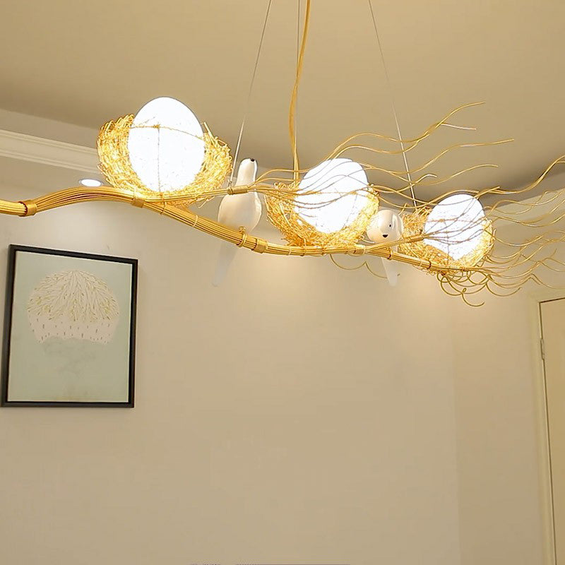 Artistic 3-Light Beige Nest And Egg Island Hanging Light With Cream Glass Shade / Bird