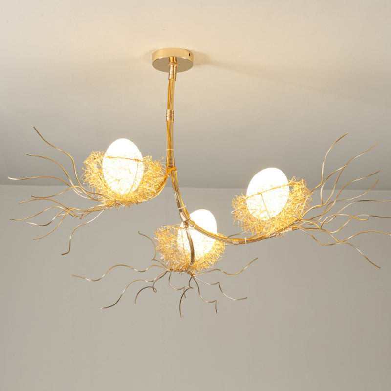 Artistic 3-Light Beige Nest And Egg Island Hanging Light With Cream Glass Shade