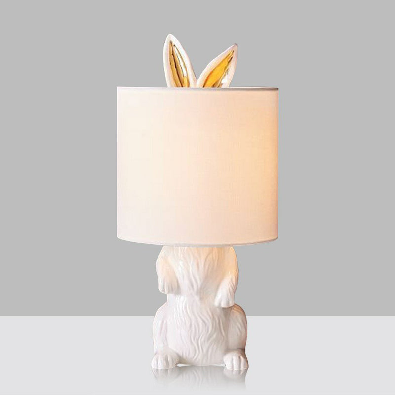 White Rabbit Pedestal Cartoon Night Light For Bedroom - Fabric Cylindrical Table Lamp