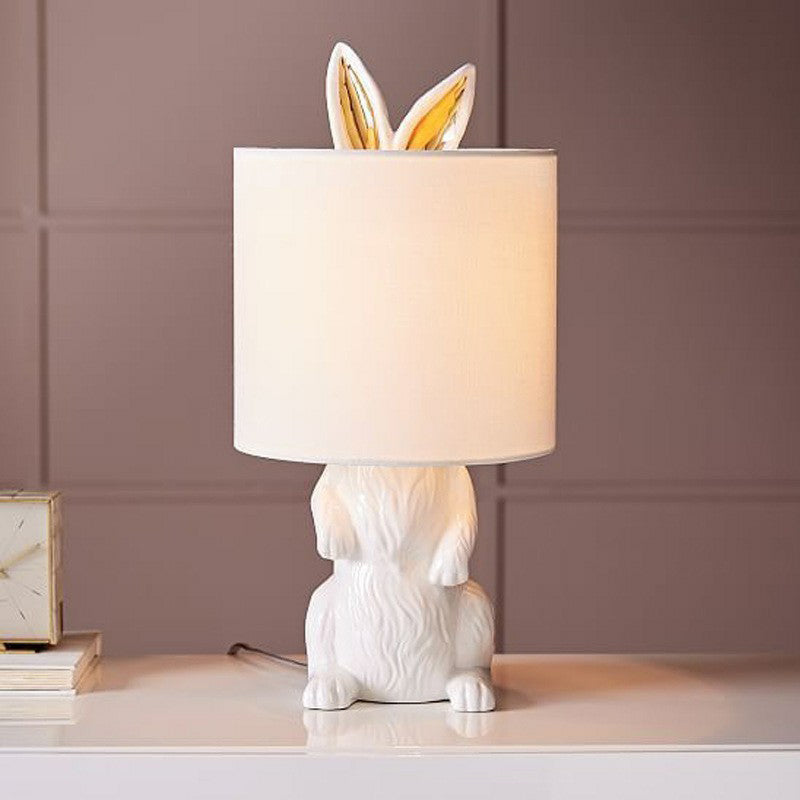White Rabbit Pedestal Cartoon Night Light For Bedroom - Fabric Cylindrical Table Lamp
