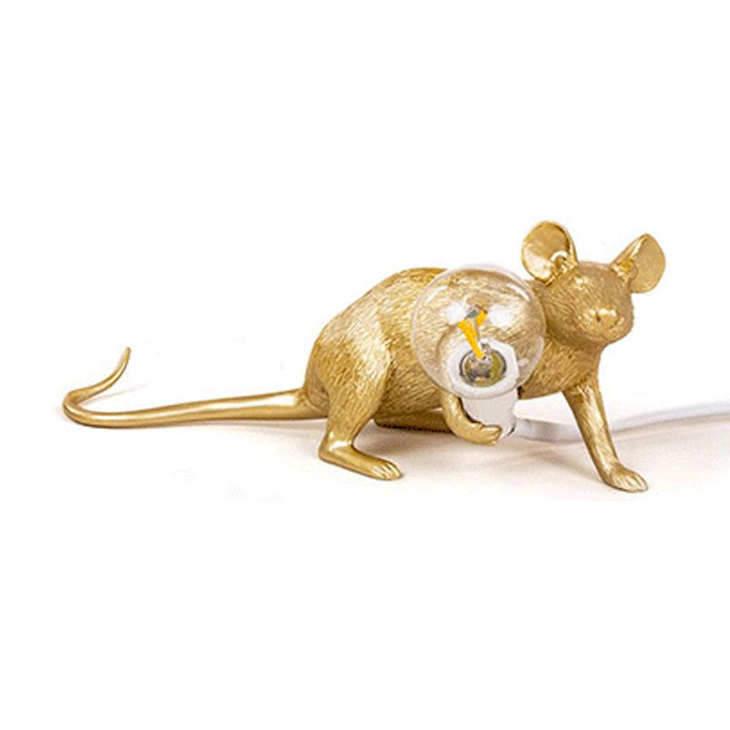 Creative Resin Rat Table Lamp With Bare Bulb Design - 1-Light Night Lighting Gold / Prone