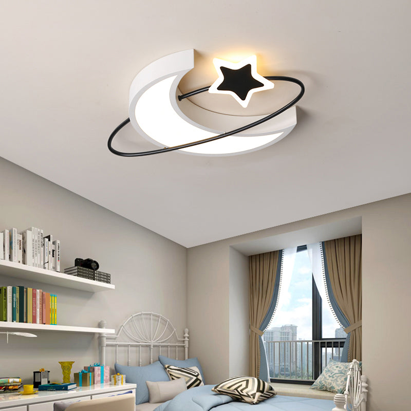 Minimalist Moon & Star Ceiling Light: Acrylic Led Flush Mount In Black-White For Bedrooms