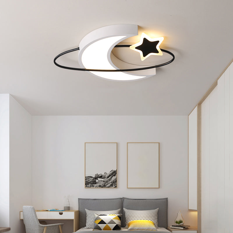 Minimalist Moon & Star Ceiling Light: Acrylic Led Flush Mount In Black-White For Bedrooms