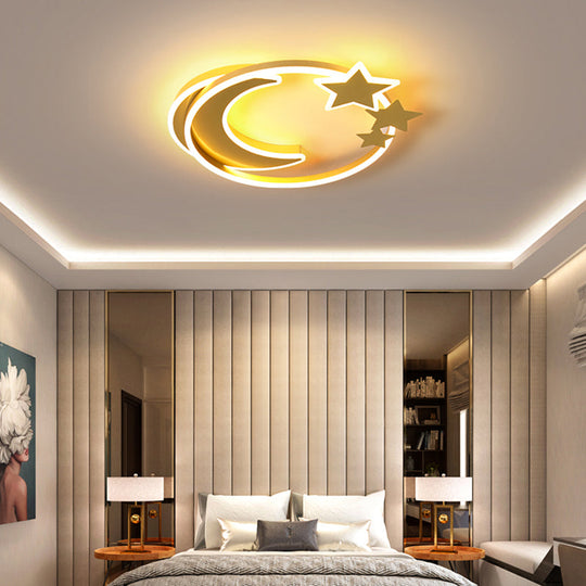 Led Cartoon Crescent And Star Flushmount Ceiling Light For Bedrooms - Aluminum Fixture