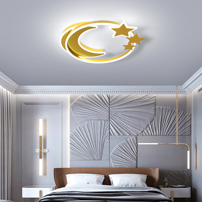 Led Cartoon Crescent And Star Flushmount Ceiling Light For Bedrooms - Aluminum Fixture