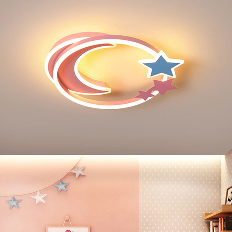 Cartoon Crescent And Star Flushmount Led Ceiling Light For Kids Bedroom Pink / 18.5 Warm