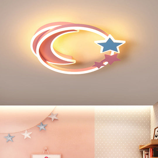 Cartoon Crescent And Star Flushmount Led Ceiling Light For Kids Bedroom Pink / 18.5 Warm