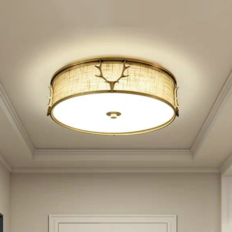 Nordic Foyer Charm: Fabric Drum Flush Mount Ceiling Light with Decorative Antler Accents