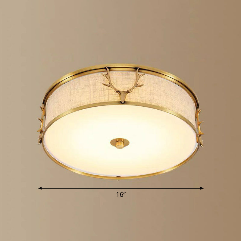 Nordic Foyer Charm: Fabric Drum Flush Mount Ceiling Light With Decorative Antler Accents Brass / 16