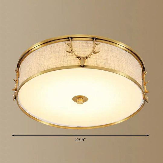 Nordic Foyer Charm: Fabric Drum Flush Mount Ceiling Light With Decorative Antler Accents Brass /