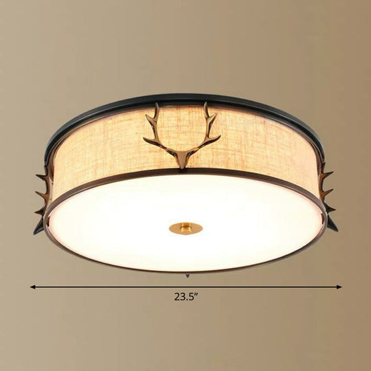 Nordic Foyer Charm: Fabric Drum Flush Mount Ceiling Light With Decorative Antler Accents Black /
