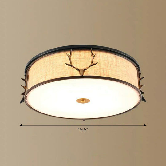 Nordic Foyer Charm: Fabric Drum Flush Mount Ceiling Light With Decorative Antler Accents Black /