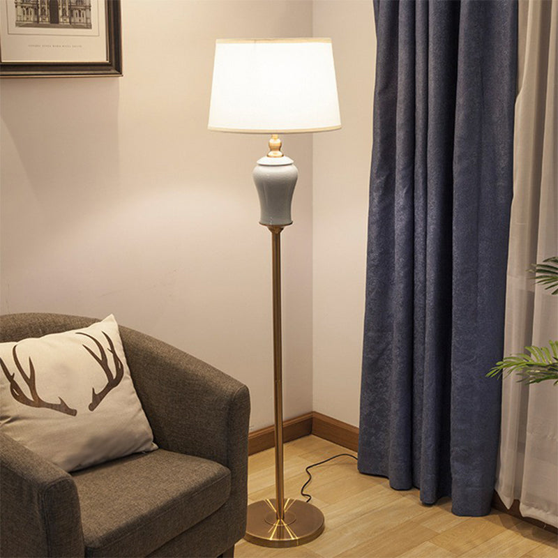Modern Tapered Drum Floor Lamp In White - Elegant Fabric Shade 1 Bulb Ideal For Living Rooms