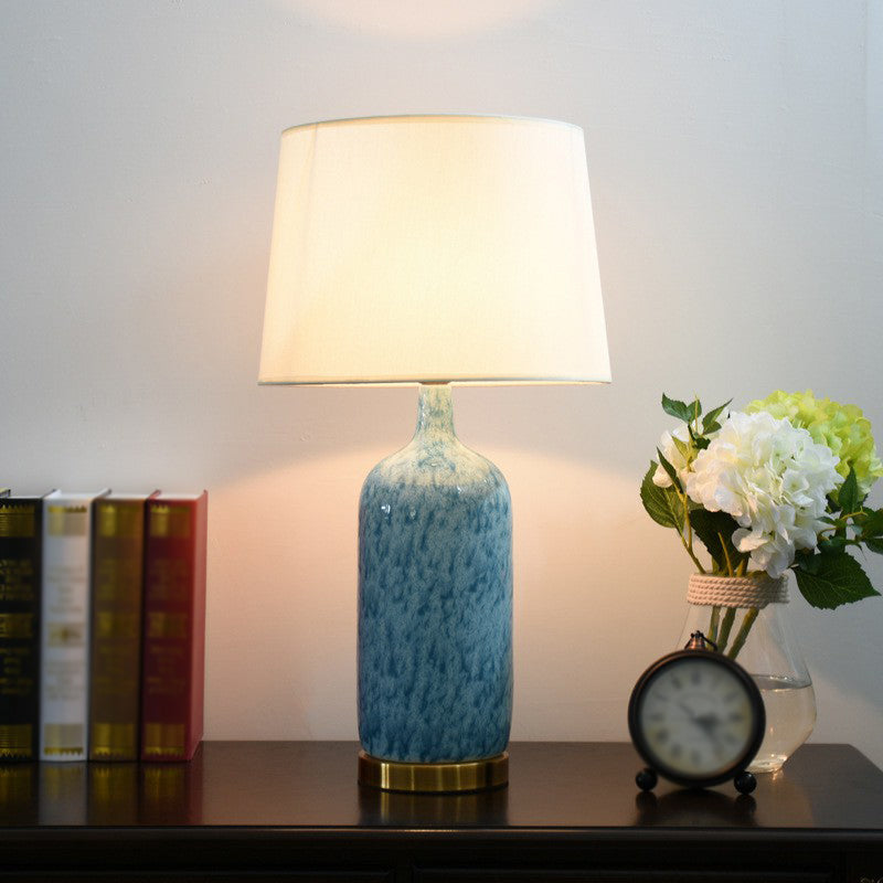 Blue Tapered Nightstand Lamp: Simplistic Fabric Table Light With Ceramic Jug Base