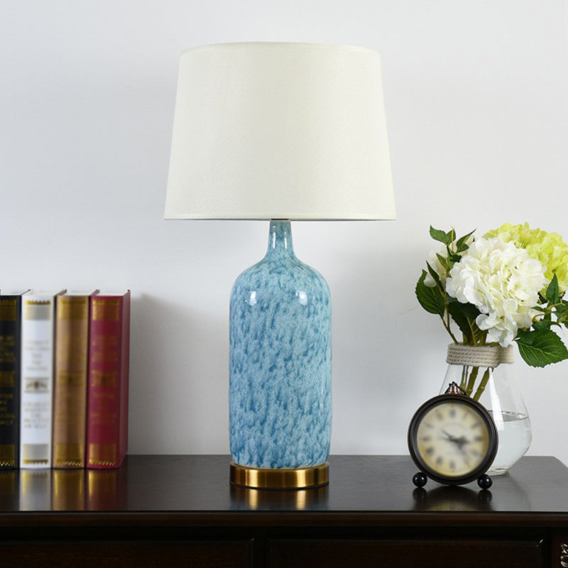 Blue Tapered Nightstand Lamp: Simplistic Fabric Table Light With Ceramic Jug Base