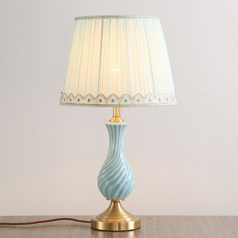 Blue Ceramic Table Lamp With Pleated Fabric Shade - Modern Nightstand Light