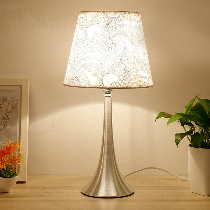 Contemporary Silver Table Lamp With Empire Shade Print Fabric - 1-Light Nightstand Light / Long Cone
