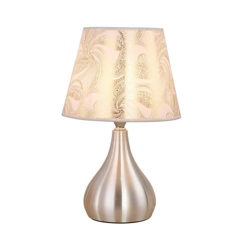 Contemporary Silver Table Lamp With Empire Shade Print Fabric - 1-Light Nightstand Light