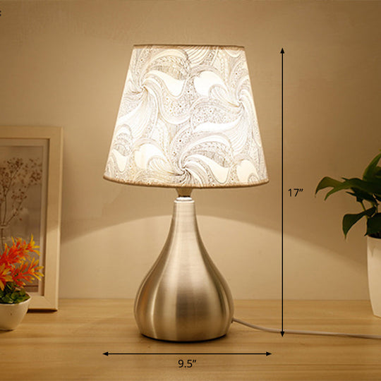 Contemporary Silver Table Lamp With Empire Shade Print Fabric - 1-Light Nightstand Light